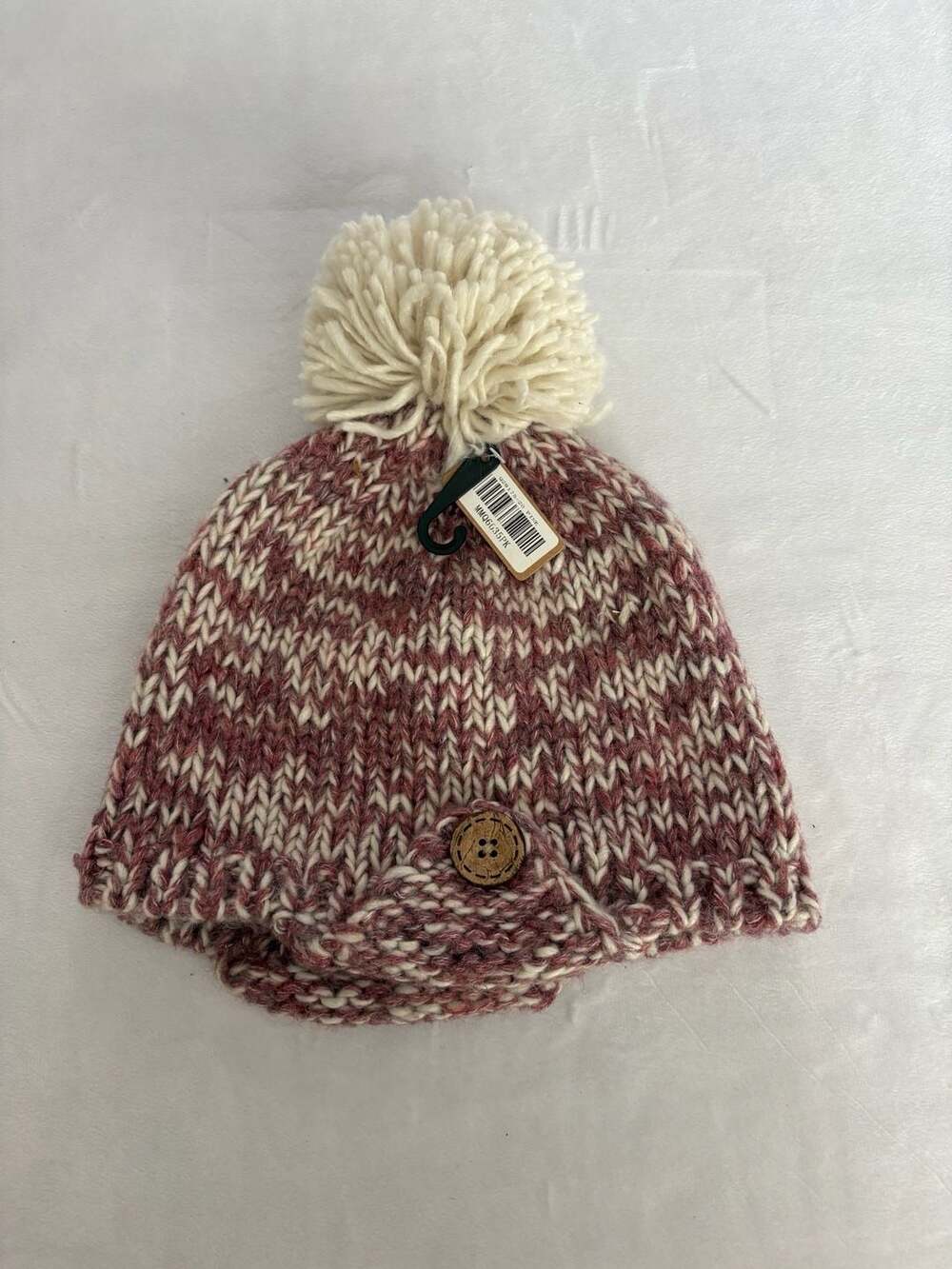 Chunky Knit Pom Pom Beanie Hat with Button Detail